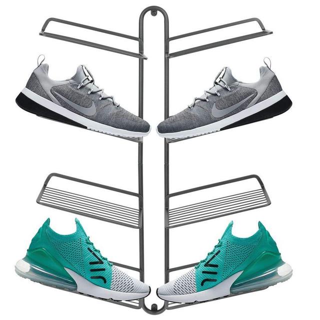 mDesign Modern Metal Shoe Organizer Display & Storage Shelf Rack - Hang & Store Your Collection of Kicks, Running, Basketball, Trainers, Tennis Shoes, 4 Tier, Holds 8 Shoes, Wall Mount - Graphite Gray