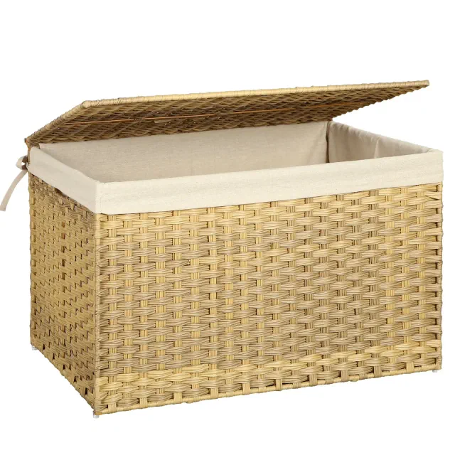 SONGMICS Storage Basket with Lid, 42.3 Gallon Storage Bin, Woven Blanket Storage Basket with Handles, Foldable, Removable Liner, Natural