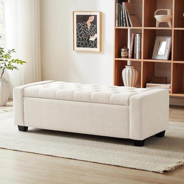Huatean Home Ottoman with Storage, Storage Ottoman Bench with Safety Hinge, Upholstered Storage Bench with Seating for Bedroom, Living Room, Holds up to 330 lb (Ivory)