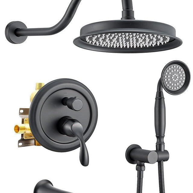 DASAN Matte Black Shower System with Tub Spout, Tub and Shower Faucet Combo Set with Valve & Trim Kit Bathtub Shower Faucet Set Bathtub Shower System with Rainfall Shower Head & Handheld, AT309W-MB