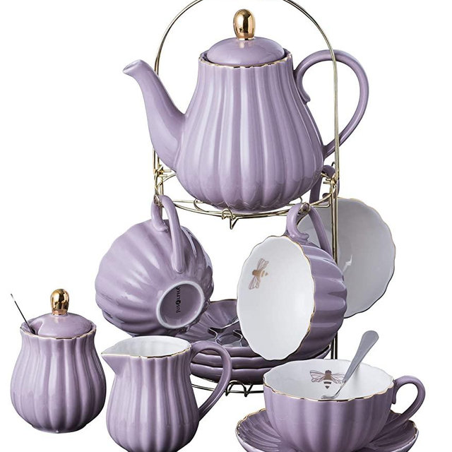 Jusalpha Fine China 8 OZ Purple Coffee Cup/Teacup, Saucer, Spoons, Teapot and Creamer set, 17-Pieces (FD-TW17PC SET, Purple)