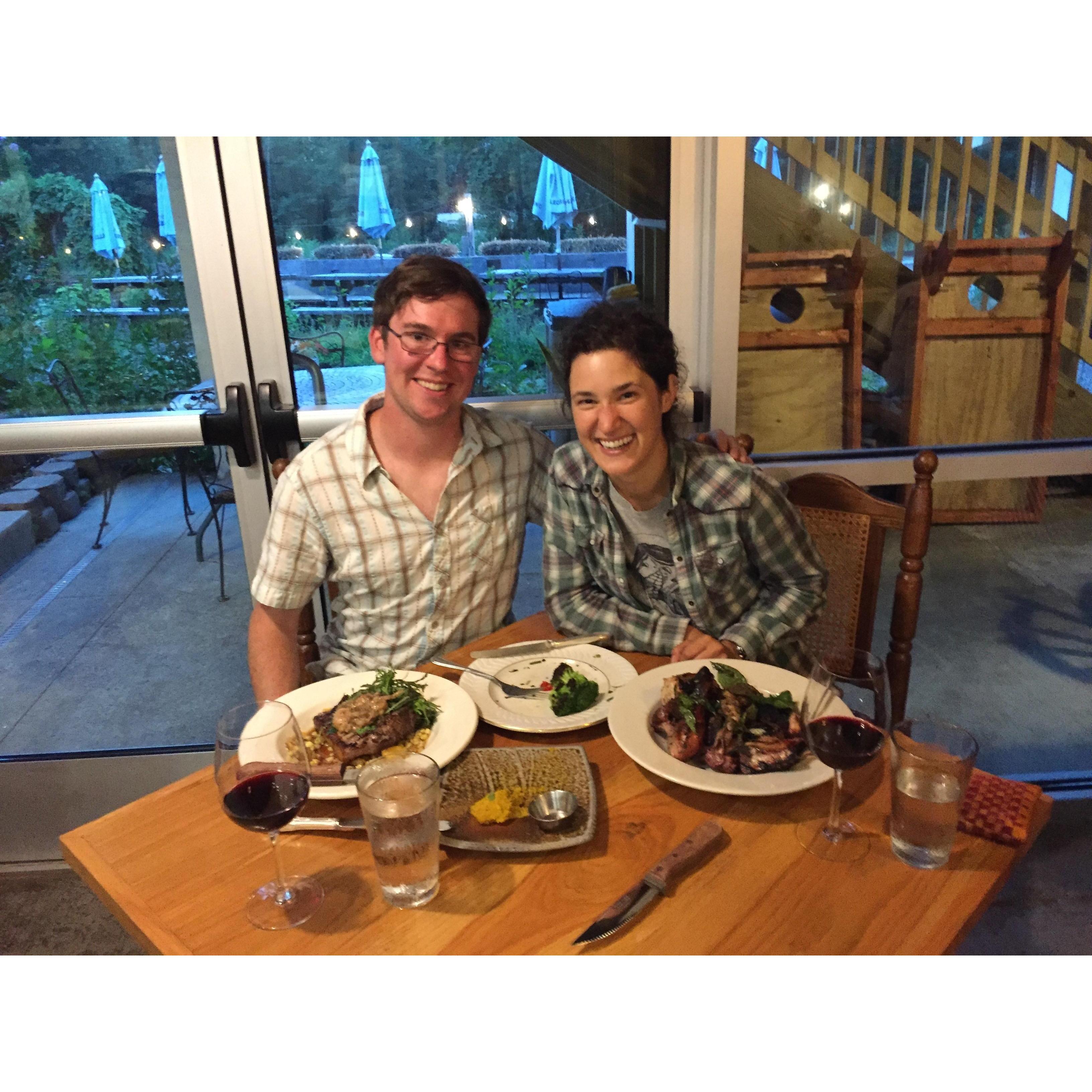 At Knife and Fork in Spruce Pine, NC. One of the best meals we've eaten together-- and sadly this place closed it's doors! We're so grateful we got a chance to check it out!