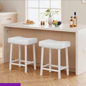 Set Of 2 Ergonomic 24" Counter Height Bar Stools With Curved PU Leather Seat, Metal Frame, Integrated Footrest, Supports 240 Lbs - White