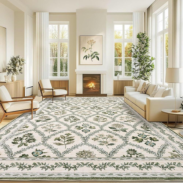 9x12 Olive Green Area Rugs Washable Rug for Living Room Big Bedroom Faux Wool Soft No Slip Floral Emerald Hunter Green and Beige Boho Vintage Extra Large Carpet for Dining Room Under Table 9x12