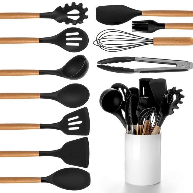 Nucookery Kitchen Utensils Set with Ceramic Utensil Holder, Silicone Cooking Utensils Set, Wooden Handle Non Toxic Heat Resistant Kitchen Utensils Set of 12 PCS (Black)