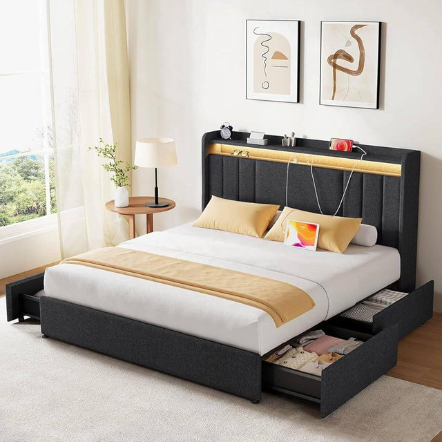 Koorlian Queen Size Upholstered Bed Frame with 2-tier Storage Headboard and 4 Dustproof Drawers, 51'' Tall LED Platform Bed Frames with Adjustable Headboard, USB/Type-C Charging and Side Storage, Grey