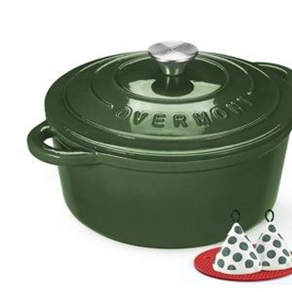 Overmont Enameled Cast Iron Dutch Oven - 5.5QT Pot with Lid Cookbook & Cotton Potholders - Heavy-Duty Cookware for Braising, Stews, Roasting, Bread Baking Glossy Green