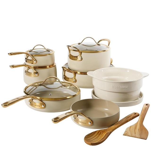 bloomhouse 15 Piece Pots and Pans Heavy Duty Aluminum Premium PFA Free Ceramic Nonstick Dutch Oven Pot with Lid - Almond Cream w/Gold Handle