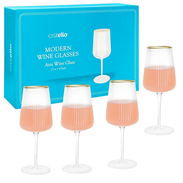 Crutello Modern Wine Glasses - 17 oz Unique Fluted Glassware with Vintage Ribbed Glassware Texture and Gold Rim, Art Deco Red or Fancy White Wine Glasses - Set of 4