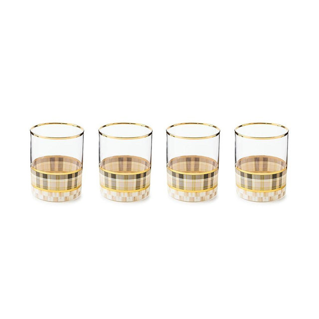 MACKENZIE-CHILDS Set of 4 Tumbler Glasses, Glass Drinkware with Gold Rims, 12 Ounces, Brown-and-White Tartan Mocha