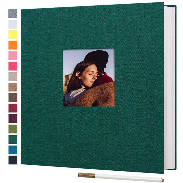 potricher 11x10.6 Inch Self Adhesive Photo Album Linen Cover 80 Pages Sticky 3x5 4x6 5x7 6x8 8x10 8.5x11 Magnetic DIY Scrapbook Photo Album with A Metallic Pen (Dark Green)