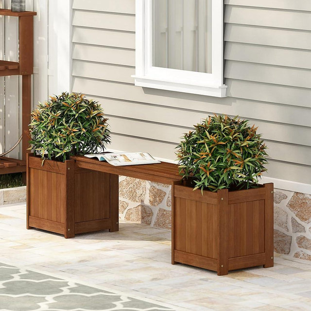 Furinno TIOMAN Planter Box with Bench, Hardwood Flower Box with Seat, Cube Garden Box, in Teak Oil, Outdoor Indoor, Garden, Patio, Balcony, Light Wood