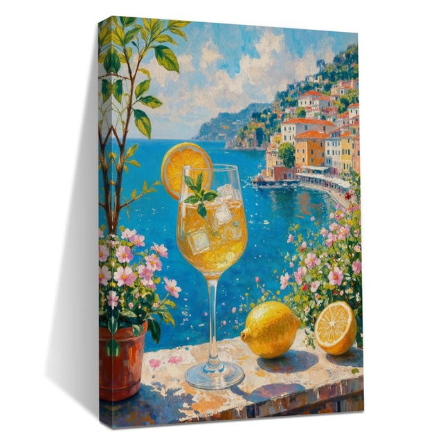 Italy City Wall Art, Coastal Landscape Watercolor Painting Italy Lemon Canvas Framed Prints Modern Decorations, Summer Aesthetic Flowers Poster for Living Room Entryway Farmhouse Bedroom Dining room