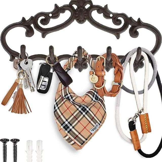 Cast Iron Wall Mounted Hanger – Vintage Design with 5 Hooks - For Keys, Towels, Robes, Clothes and More - Wall Mounted, Metal, Heavy Duty, Rustic, Vintage, Decorative Gift Idea - 12.6x5.9” | Brown