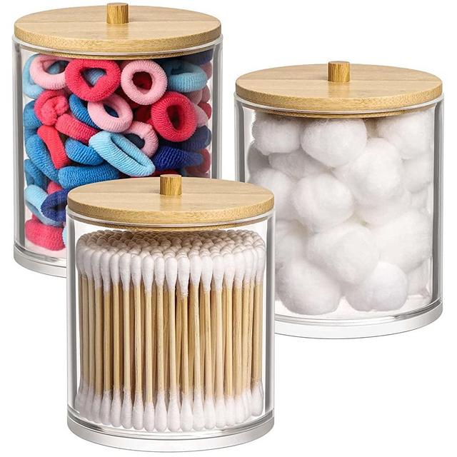 Tbestmax 15 Oz Cotton Swab/Ball/Pad Holder, Qtip Apothecary Jar with Wood Lids, Bathroom Containers Dispenser for Storage 3 Pack