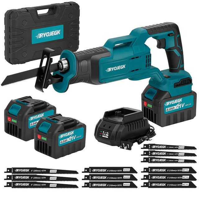 RYOJEGK 21V Brushless Reciprocating Saw,2×6.0Ah Battery Cordless Power Sawzaw 28mm 3500 SPM High-Performance Saws with 12 Saw Blades, Recíproca for Heavy-Duty Materials Cutting Wood Metal & PVC