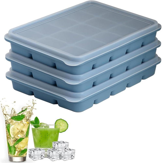 Ice Cube Trays Set of 3, Easy Release 15 Flexible Silicone Ice Cube Molds with Removable Lid Reusable Freezer Ice Trays Stackable for Whiskey, Blue*3