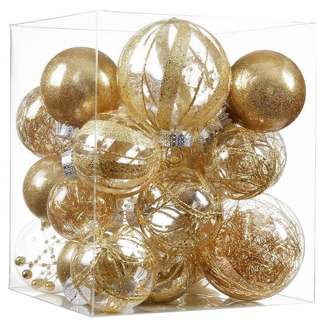 Clear Christmas Ball Ornaments,24ct Shatterproof Plastic Decorative Christmas Ornaments Hanging Xmas Tree Baubles Set with Stuffed Delicate Glittering Decorations for Holiday Party Home Decor (Gold)