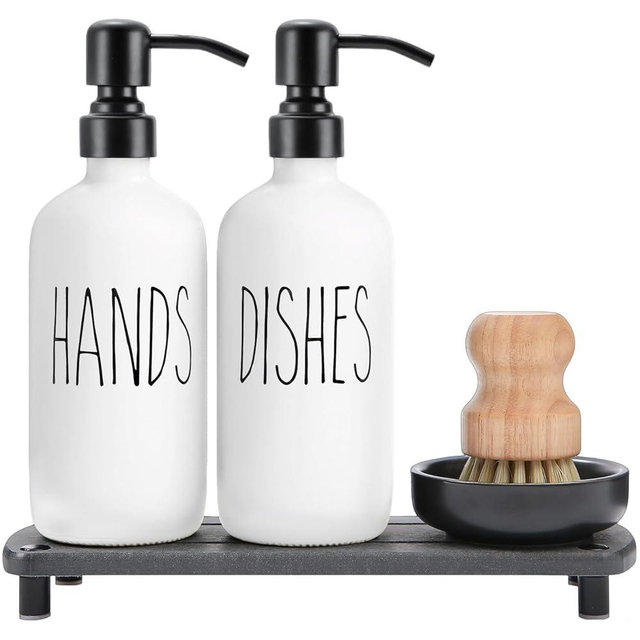MOMEEMO White Soap Dispenser Set Comes with Stainless Pumps, Black Instant Dry Tray, and Dish Scrub Brush, Suitable for Kitchen Decor and Accessories. (White & Black)