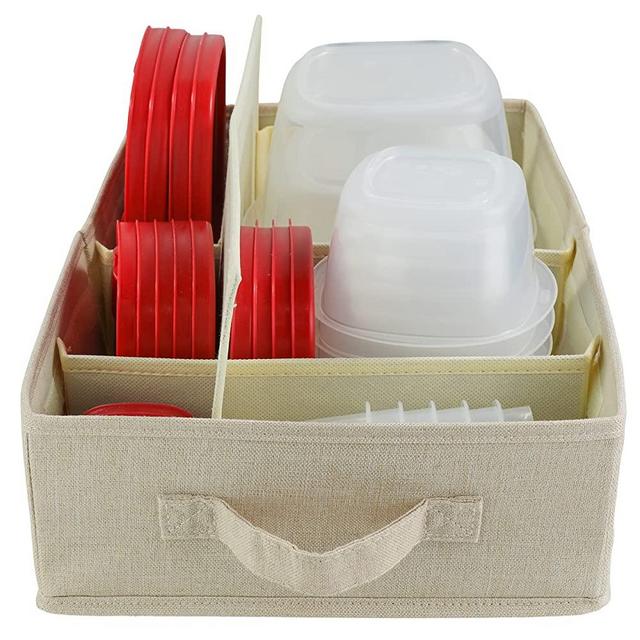 HappiBox Food Storage Container Organizer Box – Kitchen Drawer Organizer Compatible with Tupperware, Rubbermaid, Glad Containers and Lids – Adjustable Foldable Cloth Box