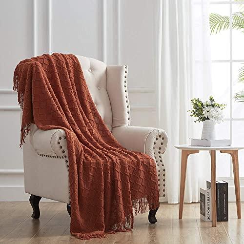 SunStyle Home Throw Blanket for Couch Sofa, Decorative Knitted Blanket(50x60inch) with Tassels, Soft Lightweight Cozy Woven Blanket for Women, Men and Adults, Suitable for All Seasons, Umber