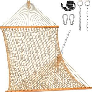 Lazy Daze Hammocks Double Rope Hammock, 2 Person Traditional Outdoor Hand Woven Cotton Rope Hammock with Spreader Bar, Carabiners, Tree Straps, Chains for Patio Yard - Max 450 Lbs, Tan