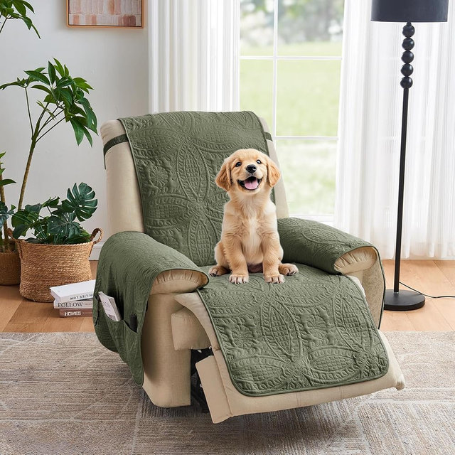 Pamhaven Green Quilted Recliner Covers, Water-Repellent Recliner Slipcovers, Recliner Covers Stay in Place, Pet Friendly Recliner Cover for Dogs, Washable Chair Protector (Recliner 22", Olive Green)
