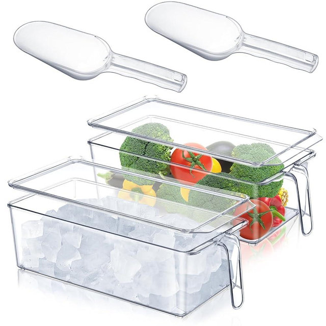 Havawish 2 Set Ice Storage Bin for Freezer with Lid and Flexible Scoop Set Plastic Ice Container with Lid 12.4 x 5.9 x 3.94 and Pull out Handle Clear Bucket for Home Office Fridge Kitchen Storage