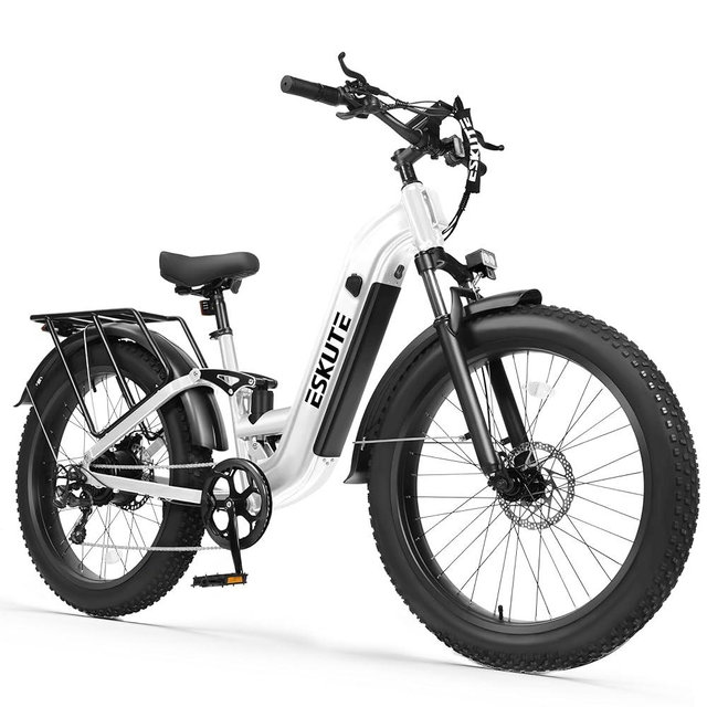 ESKUTE Electric Bike for Adults - 48V20.8Ah 80 Miles Battery Commuter, Peak 1500W Brushless Motor, 32MPH, 26x4.0 Fat Tire Step-Thru Cityrun Ebike, 8-Speed, Full Suspensions E-Bike