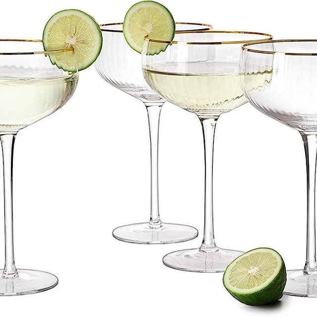 Gold Rim Coupe Glasses 11 oz, Set of 4 Classic Manhattan Glasses - Martini, Cocktails, Champagne, Wine & Water, Coupes Gilded Rimed, Crystal Stemmed, Short Stem Sets Perfect for Drinking Champagne