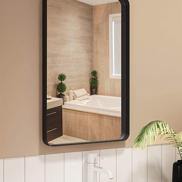 Rectangle Metal Frame Wall Mirror for Bathroom 18 x 24 Inch Wall Mounted Vanity Mirror Rounded Corner Black Frame Decorative Mirrors for Living Room Bedroom