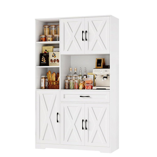 HOSTACK 71" Tall Kitchen Pantry Storage Cabinet, Farmhouse Food Pantry Cabinet with Microwave Stand, Barn Doors Kitchen Hutch Cabinet with Large Drawer and Shelves for Dining Room