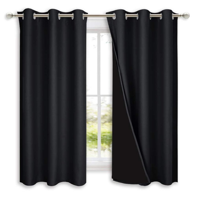 NICETOWN Complete 100% Blackout Curtain Set, Thermal Insulated & Energy Efficiency Window Draperies with Black Liner, Noise Reducing Short Curtains for Kids Room (Black, 42"W by 63"L, Double Panels)