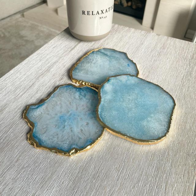 Blue Agate Stone Crystal Coasters, Stone Coasters in the UK, Light blue Coasters with Gold Edge, Marble Style Coasters