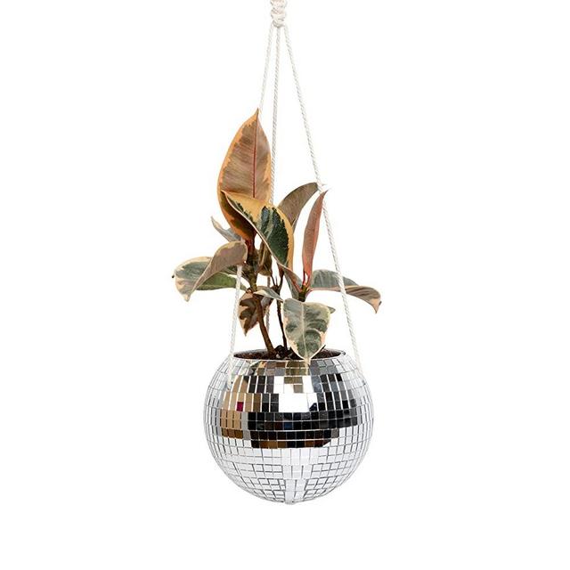 Lunar Sol - Disco Ball Planter - Hanging Macrame Rope and Wooden Stand for Desk - with Drainage Hole and Plug for Plant Care - Indoor or Outdoor Use for Any Room, Office, or Patio Pot Boho Decor