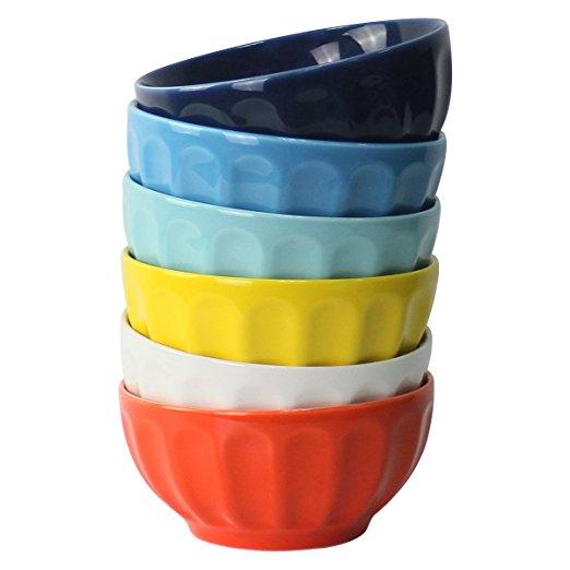 Sweese 1109 Porcelain Fluted Bowls - Set of 6 - 26 Ounce for Cereal, Soup and Fruit, Assorted Colors
