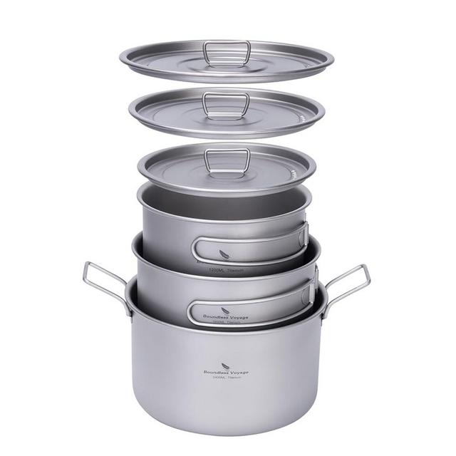 iBasingo 1.2L+1.8L+2.4L Titanium Pots Set with Lid Camping Cookware with Foldable Handle Portable Lightweight Cooking Kit Outdoor Kitchen Cooking Kit for Backpacking Hiking Picnic Fishing Ti2109C