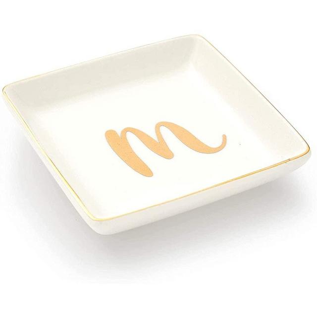 Letter M Ceramic Trinket Tray, Monogram Initials Jewelry Dish (4 x 4 Inches)