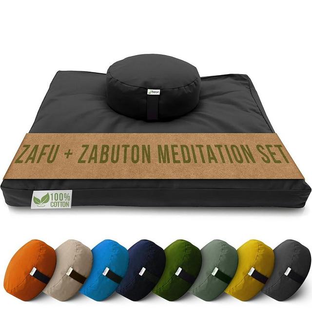 Bean Products Meditation Cushion Set - Zafu and Zabuton Meditation Pillows for Sitting on Floor, Yoga Cushion, Cotton Yoga Pillow, Zen Kneeling Prayer Pad- Made in USA - Round, Black