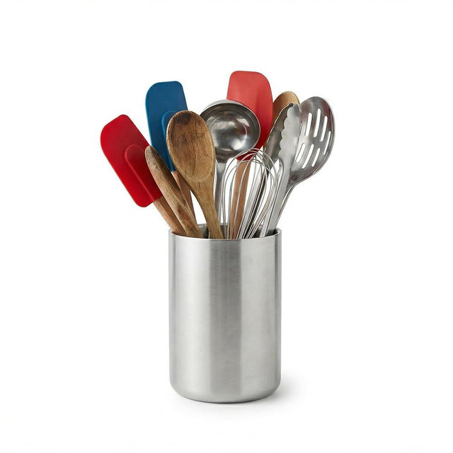 JovvMivi Kitchen Utensil Holder for Countertop, 304 Stainless Steel Double Wall Cooking Tool Caddy, Brushed Finish Spatula Spoon Organizer Crock, Large Capacity, Silver