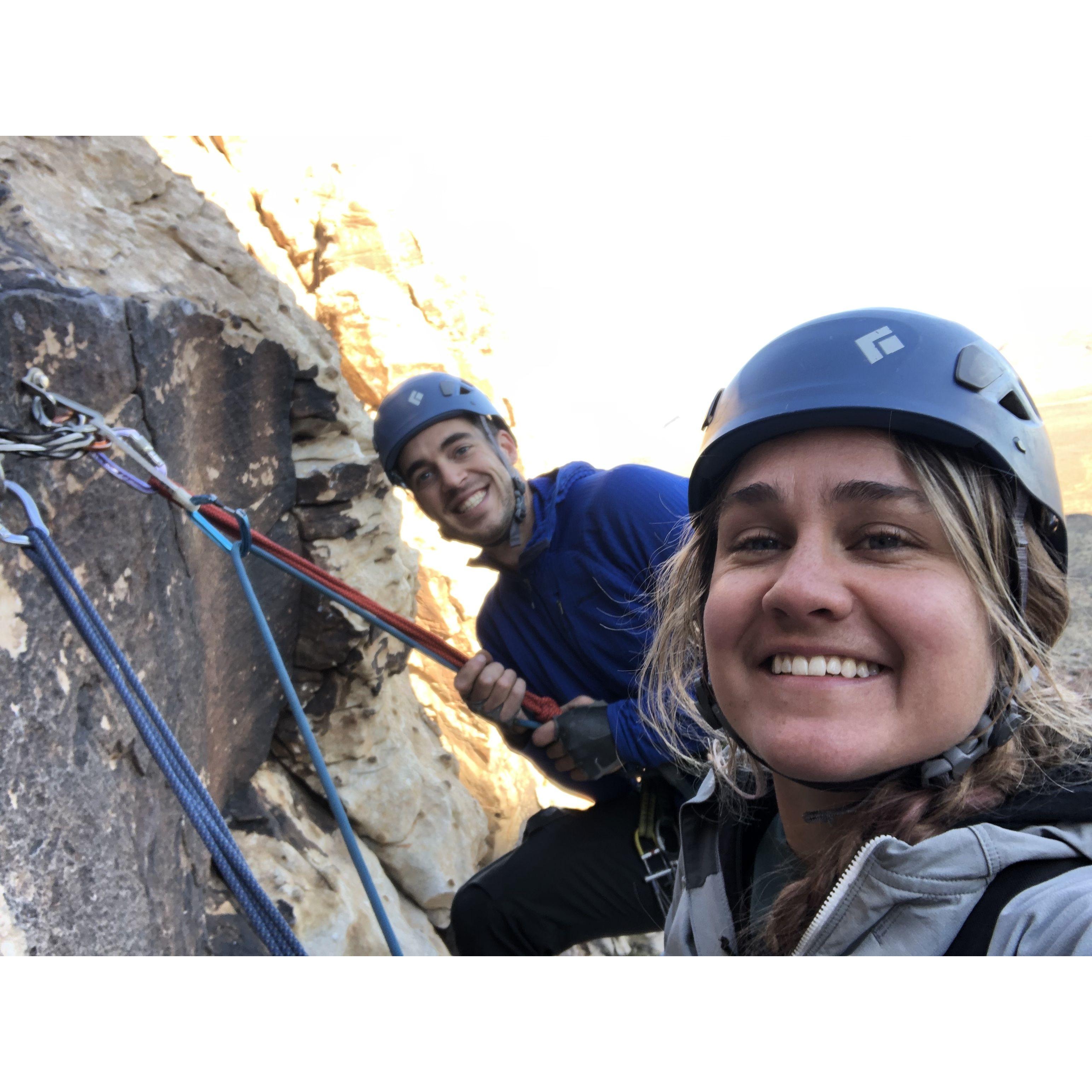 chilling on the wall on a multi-pitch in Vegas