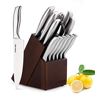 HOBO 2019 Kitchen 14-Piece German Professional Chef Knife Set with Wooden Block, Premium Anti-Rust Cutlery Scissors and Sharpener, Silver