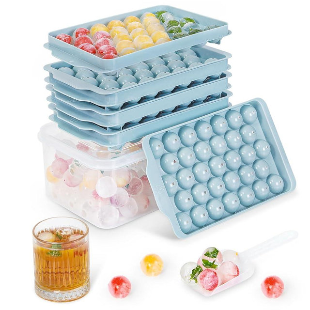 Optish 3 Pack Ice Trays for Freezer, 99 PCS Ice Cube Tray with Lid and Bin, Round Ice Cube Mold, Circle Ice Maker for Chilling Drinks (1 inch, Blue)