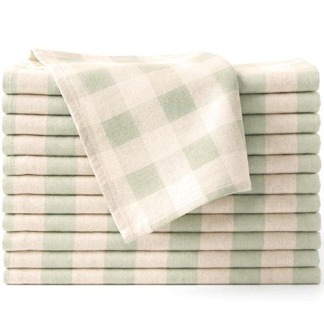 Ivy Heritage Cloth Napkins Set of 12, 100% Cotton Reusable Gingham Printed Dinner Napkins, 18x18 Inch Washable Table & Kitchen Napkins for Home, Dining, Entertaining – Sage Green & Ivory