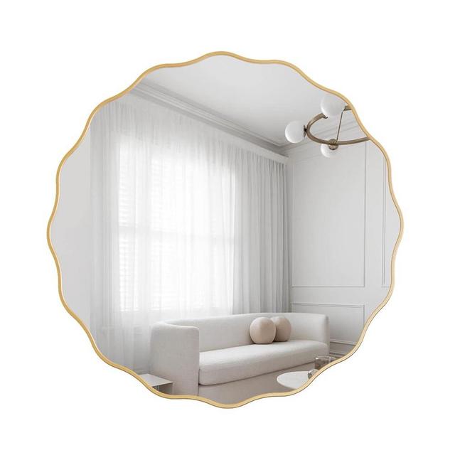 Gumcoly Circle Wall Mirror 24" Round Wood Frame Mirror Gold Waved Edge Accent Mirror Decorative Vanity Mirror Farmhouse Irregular Wall Mirror for Bathroom Entryway Living Room Bedroom