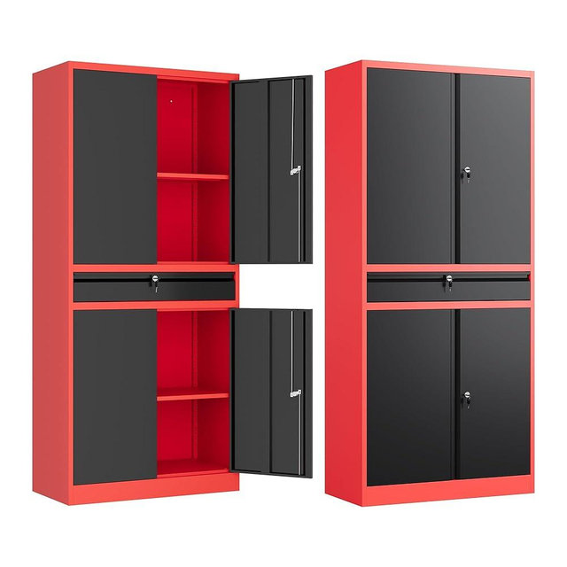 Letaya Metal Garage Storage Cabinet with Drawer,4 Door Tool Cabinet with Adjustable Shelves for Garage Home Office Utility Room (Red)