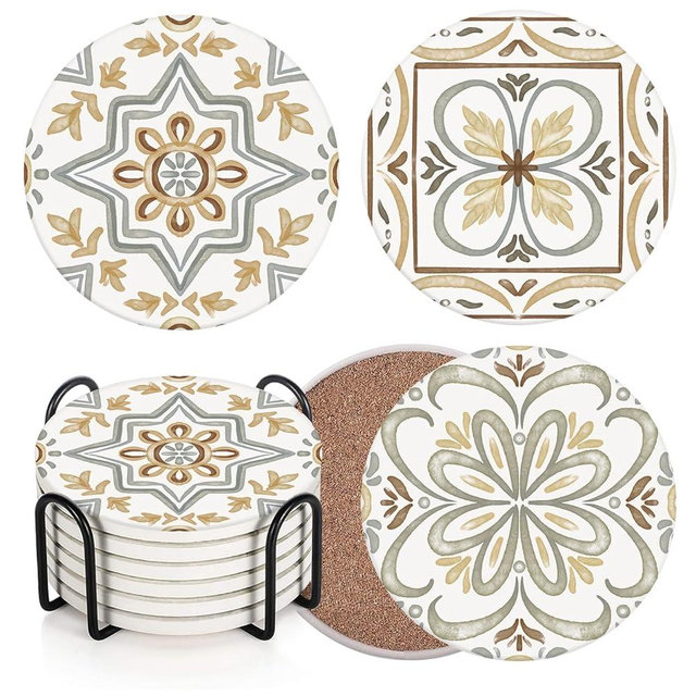 Bribay Coaster for Drinks Set of 6, Ceramic Gray Turkish Moroccan Talavera Absorbent Round Ceramic Stone Mat, with Cork Base and Metal Holder, Gift for Housewarming Room Bar Decor