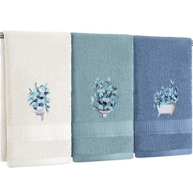 FuWeave 3 Pcs Blue Eucalyptus Leaves Hand Towels Botanical Bathroom Decor Embroidered Floral Leaves Farmhouse Blue Decorative Towels for Bathroom Kitchen, 100% Cotton, 13.3 x 29.5''
