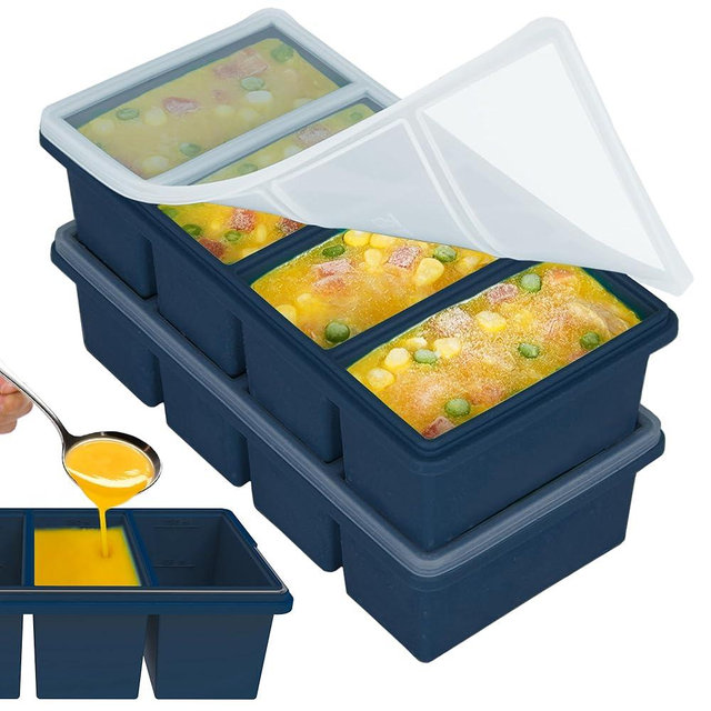 1 cup Silicone Freezer Trays with Lids, Soup Container Style Ice Cube Trays, Easily prepare portioned meals, Great for storing soups, leftovers, sauces and other dishes, Dishwasher, Oven Safe – 2 Pack