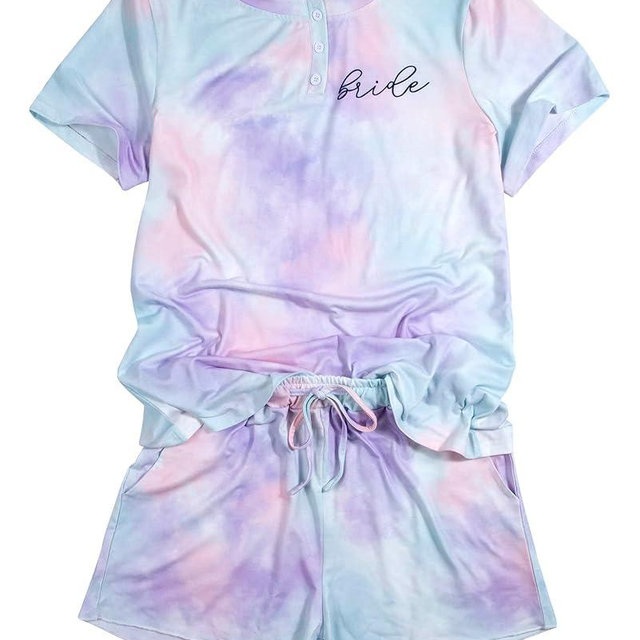 LOTUCY Bride Pajama Set Bachelorette Pjs Women Casual Tie Dye Pajama Bridal Party Pajamas Set Short Sleeve Sleepwear